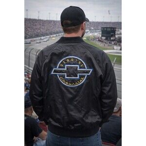 Chevrolet Chevy West Ark Black Satin Bomber Jacket Mens Large USA Vtg Geniune